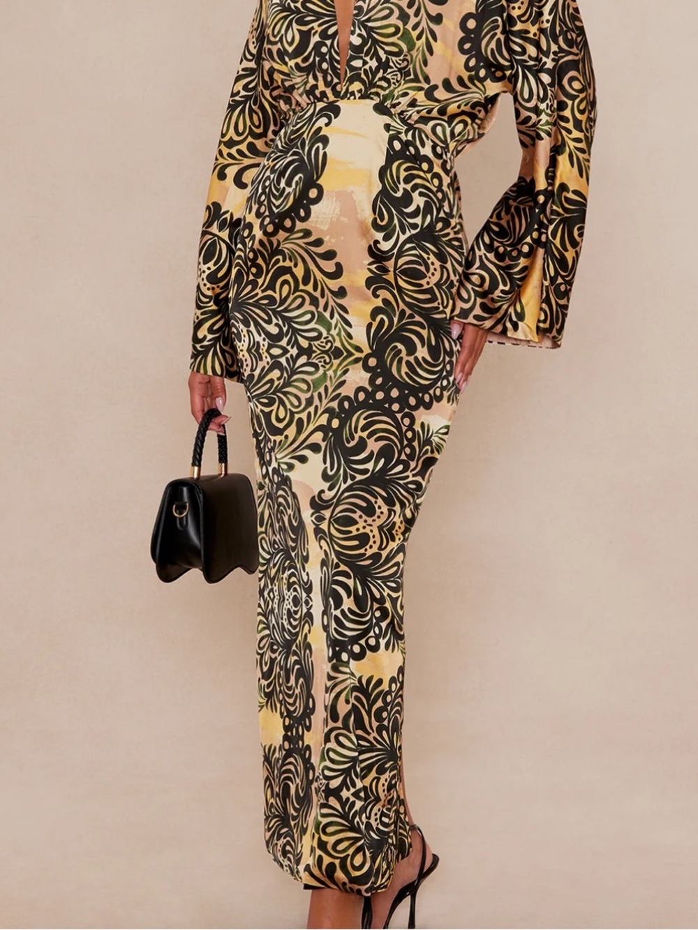 Printed V-Neck Maxi Jumpsuit in Yellow and Black